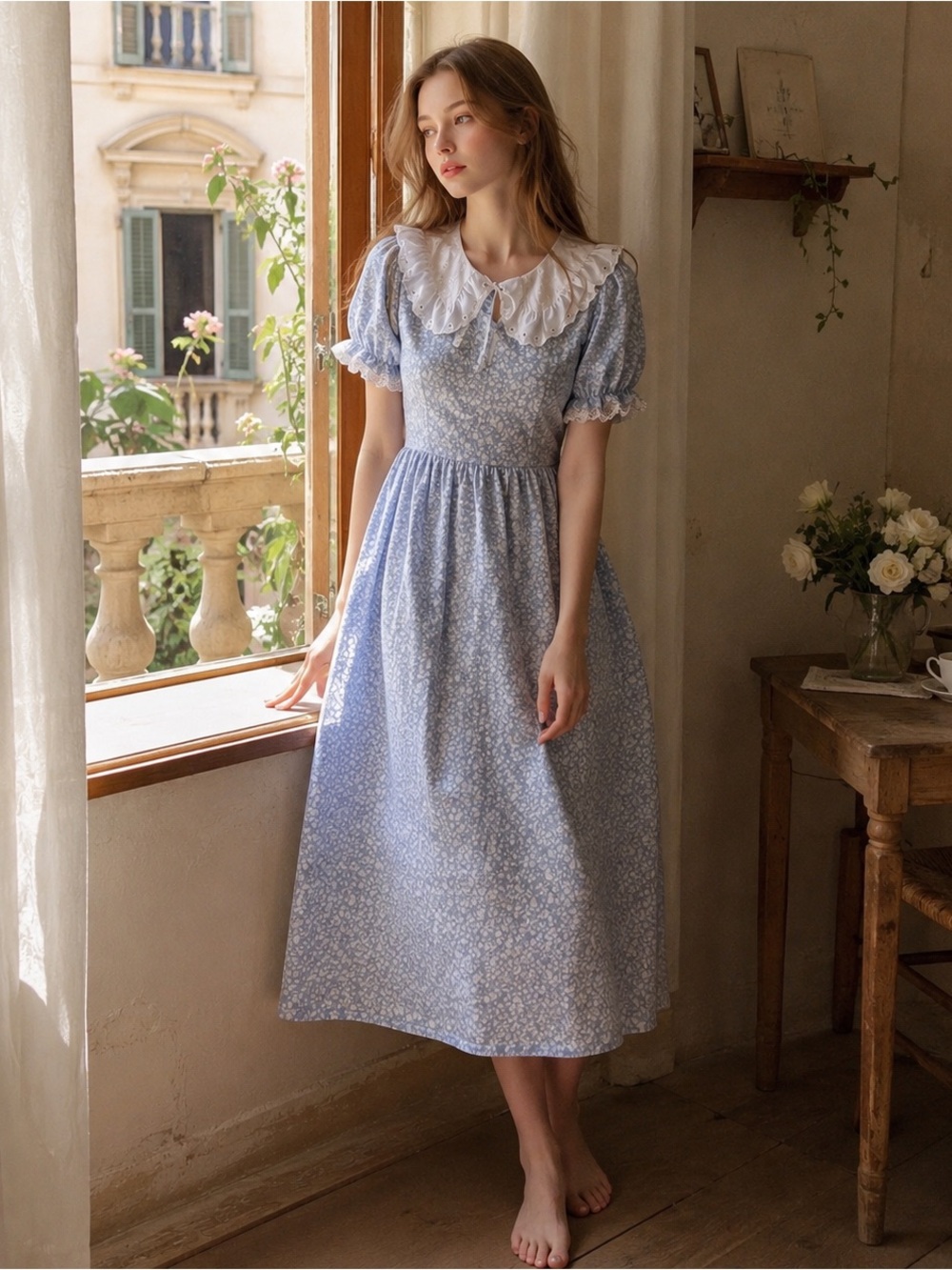 Blue Floral Cottagecore Lace Collar Midi Dress XS